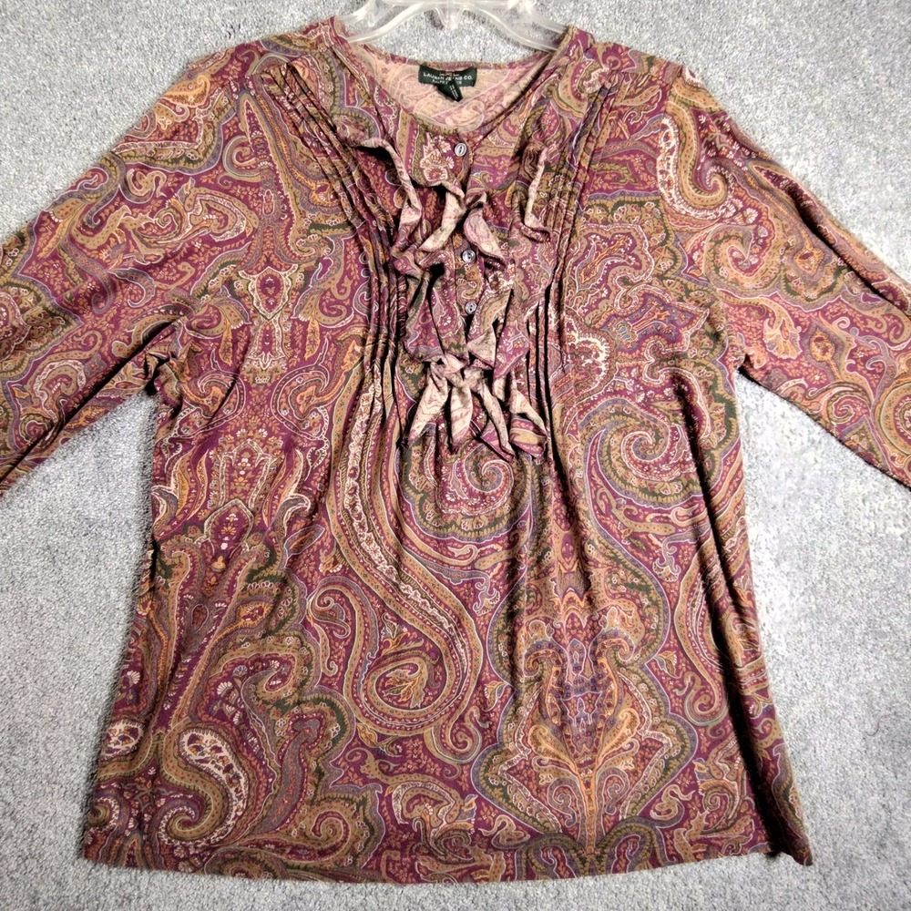 LRL Ralph Lauren Jeans Co Paisley Ruffle Blouse Long Sleeve Top 1X Bohemian
